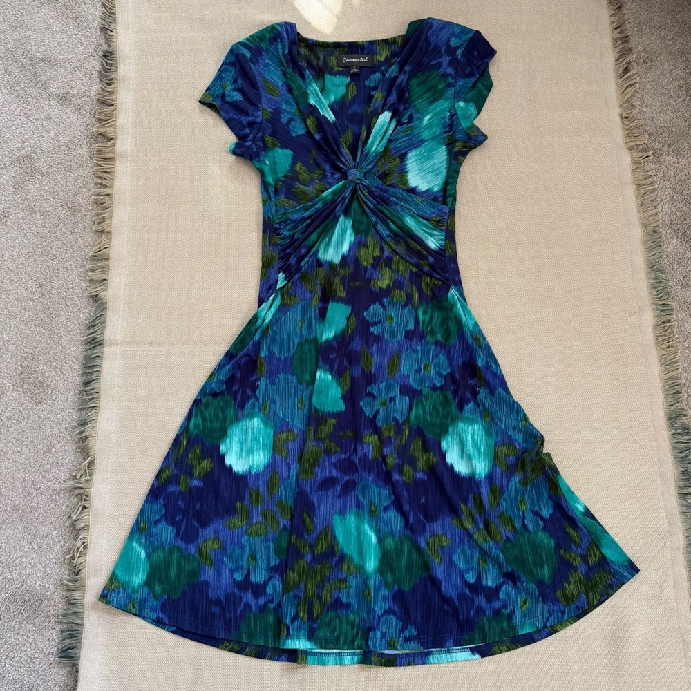 Connected Apparel Blue and Green Floral Midi Dress Size 8